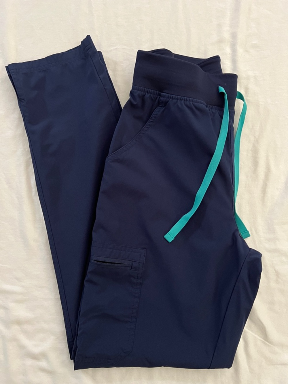 Figs Straight Leg Scrub Pants in Navy with Teal Drawstring